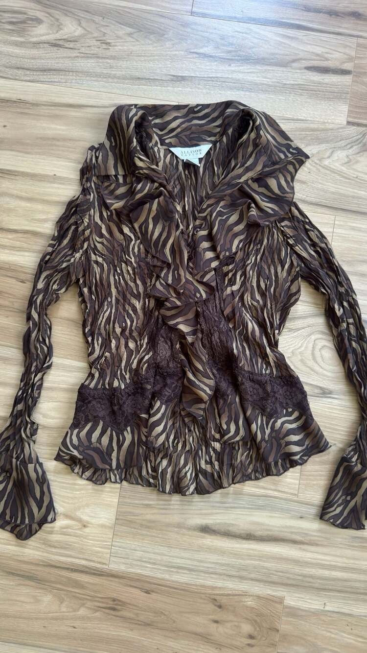 Allison Taylor Blouse Size L Brown Animal Print Ruffle Lace Top
